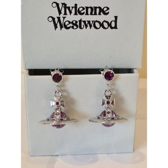 Vivienne Westwood 3D silver tone Purple Orb drop Earrings New with Box - Picture 7 of 12